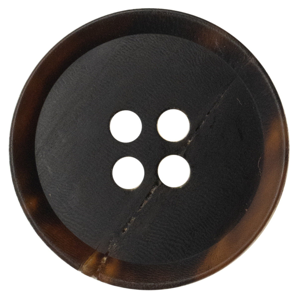 Dark brown horn button, four-hole front with stitched edge detail