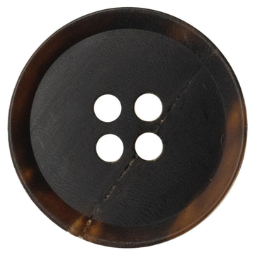 Dark brown horn button, four-hole front with stitched edge detail