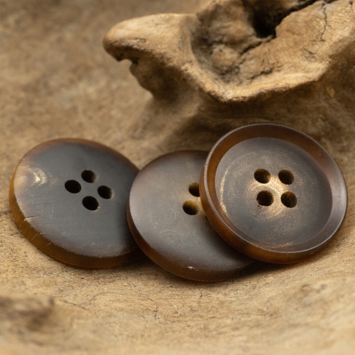 Three dark brown horn buttons, round faces with multiple holes