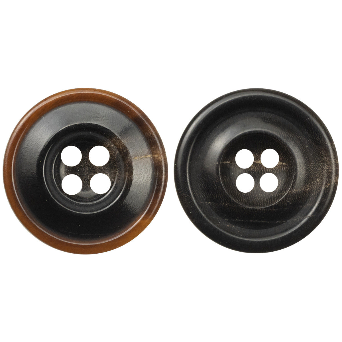 15–25mm vintage 4-hole horn buttons, brown and black, 2 shown