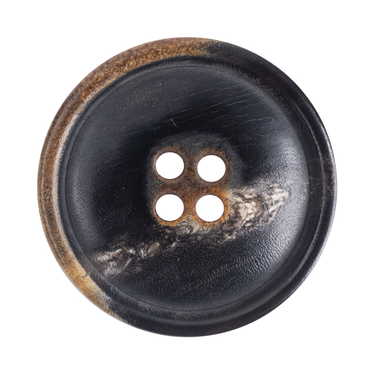 Black four-hole clothing button with burnt natural horn edge, glossy finish