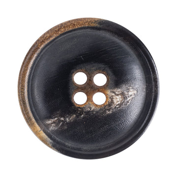 Black four-hole clothing button with burnt natural horn edge, glossy finish