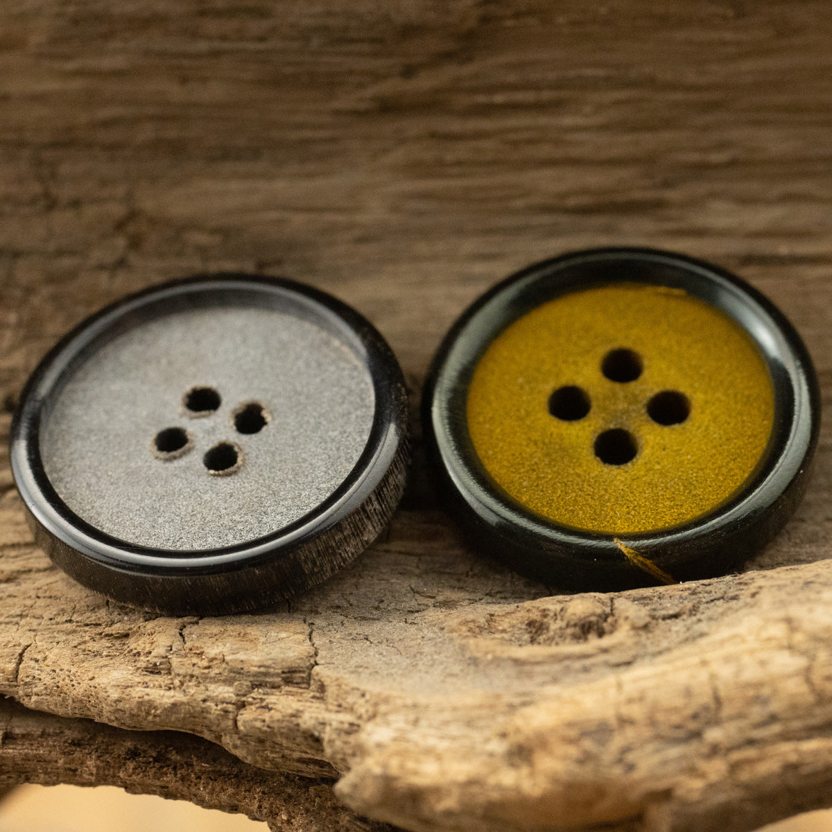 Silver Gray and Ginger Yellow horn buttons, each with four holes
