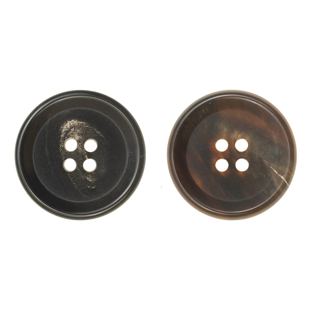 Vintage horn button set, 15–25mm: black and coffee brown, 4-hole front views