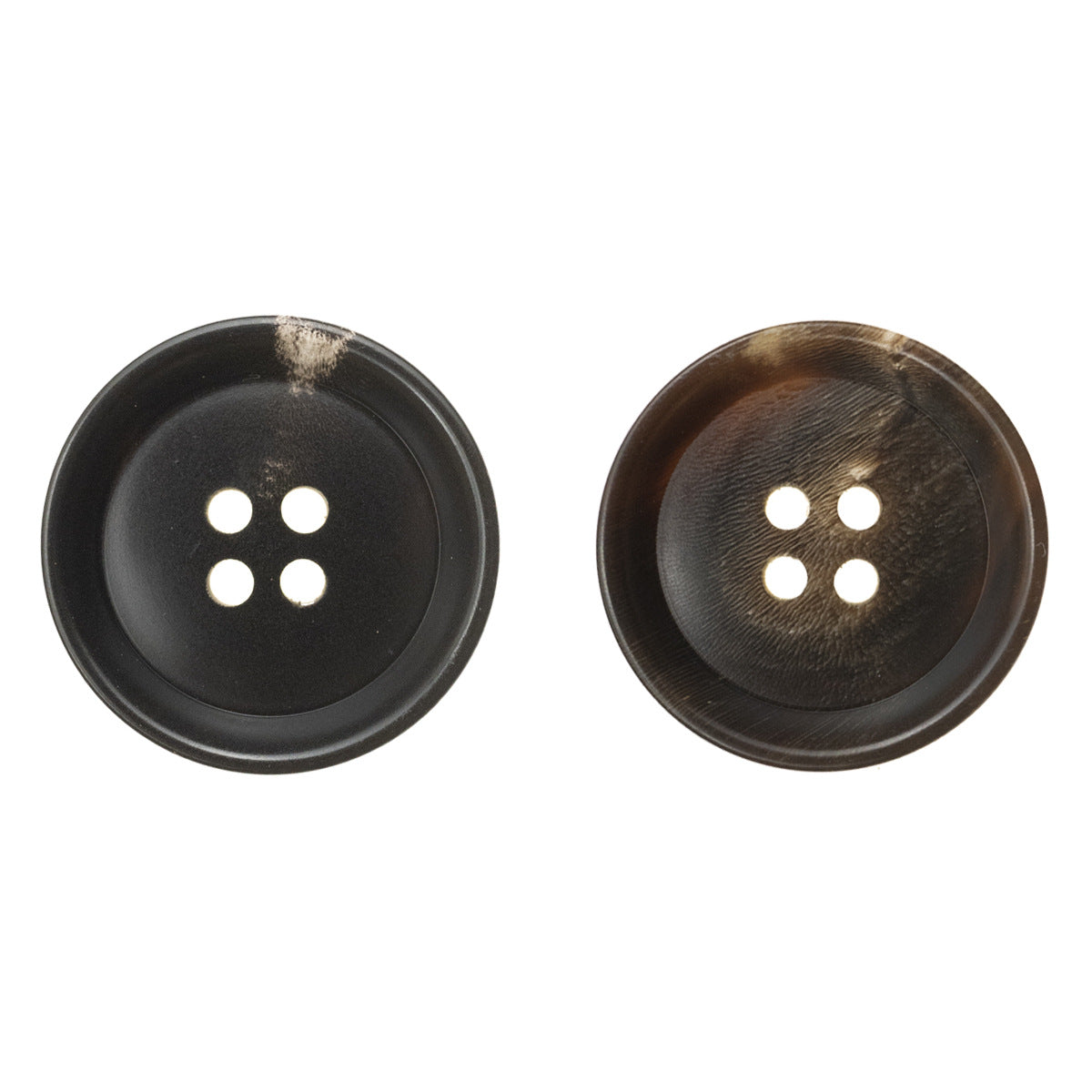 Black round 4-hole pan-shaped horn-look button for vintage jackets, flat top