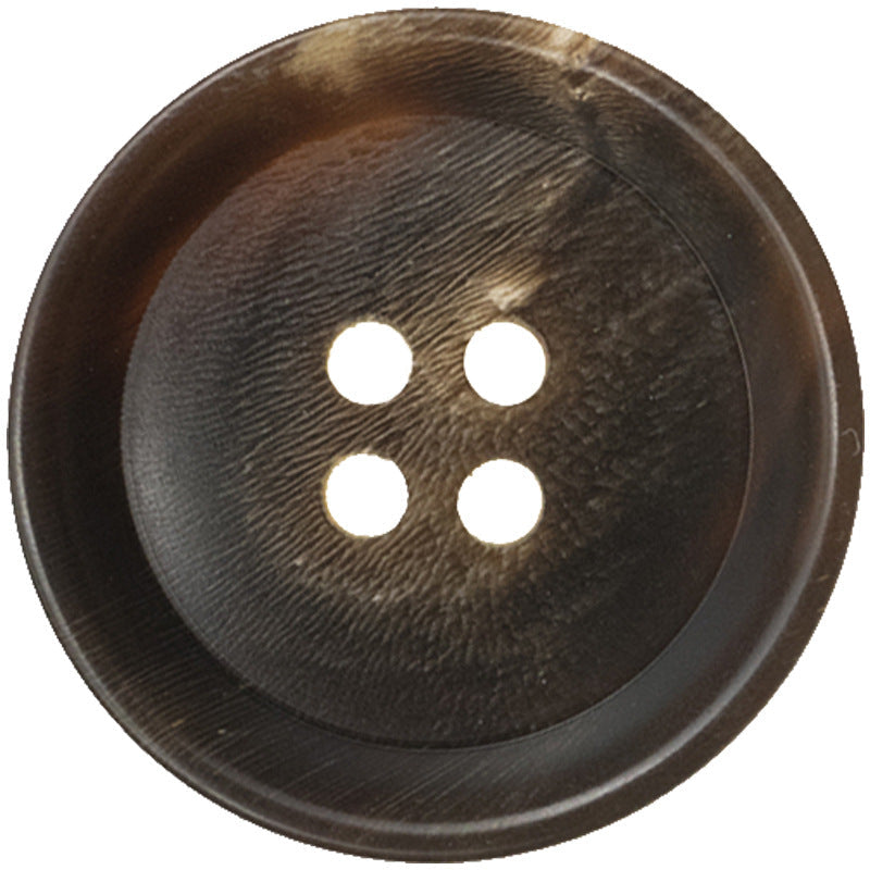 Coffee-brown pan-shaped 4-hole button, close-up front view