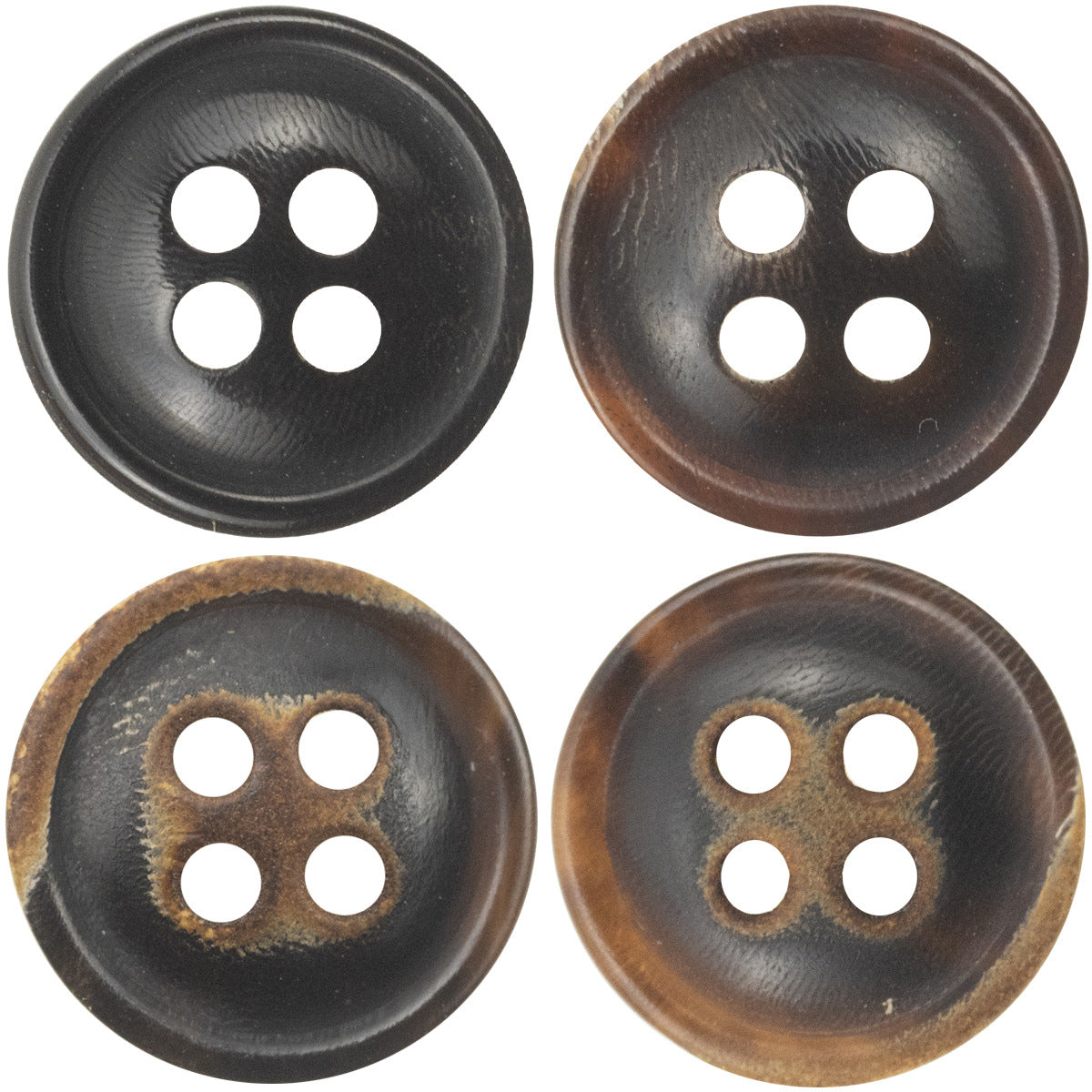 4-hole black horn shirt buttons, burnt edges, 24-pack shown in four views