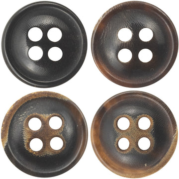 4-hole black horn shirt buttons, burnt edges, 24-pack shown in four views