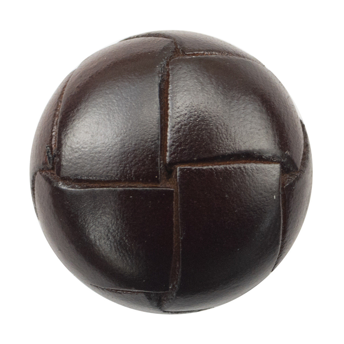 Vintage dark brown leather spherical button with cross-panel woven segments