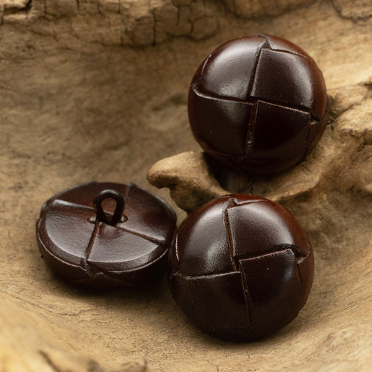 Vintage Dark Brown Leather Woven Handmade Spherical Buttons 2pcs