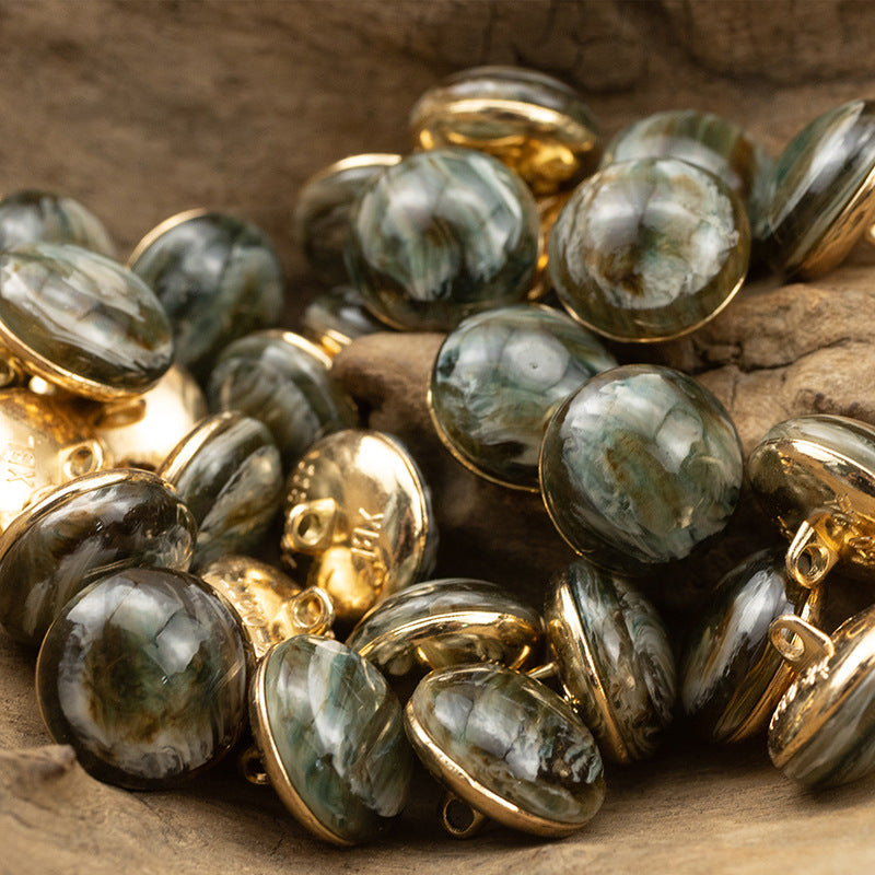 Green-gray marbled round cheongsam buttons with gold metal shanks, glossy stone-look finish