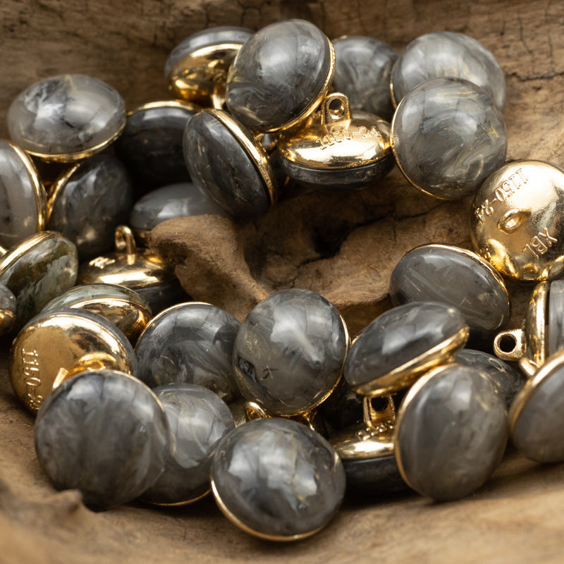 Gray round cheongsam buttons with gold metal shanks, glossy stone-look marbled fronts