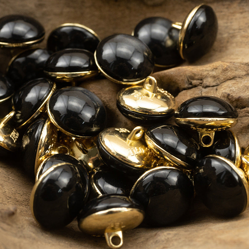 Cheongsam-style stone buttons, black with gold shank/eye, 10 pcs