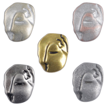Vintage face-motif metal shank buttons set, irregular shape, mixed finishes (5 pcs)