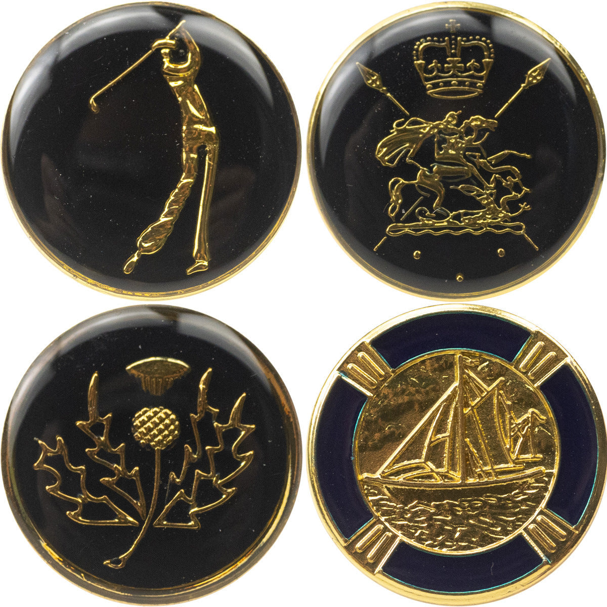 Set of 4 metal shank buttons, gold-dotted edging, with golf, camellia, crown, sailboat engravings