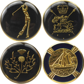 Set of 4 metal shank buttons, gold-dotted edging, with golf, camellia, crown, sailboat engravings