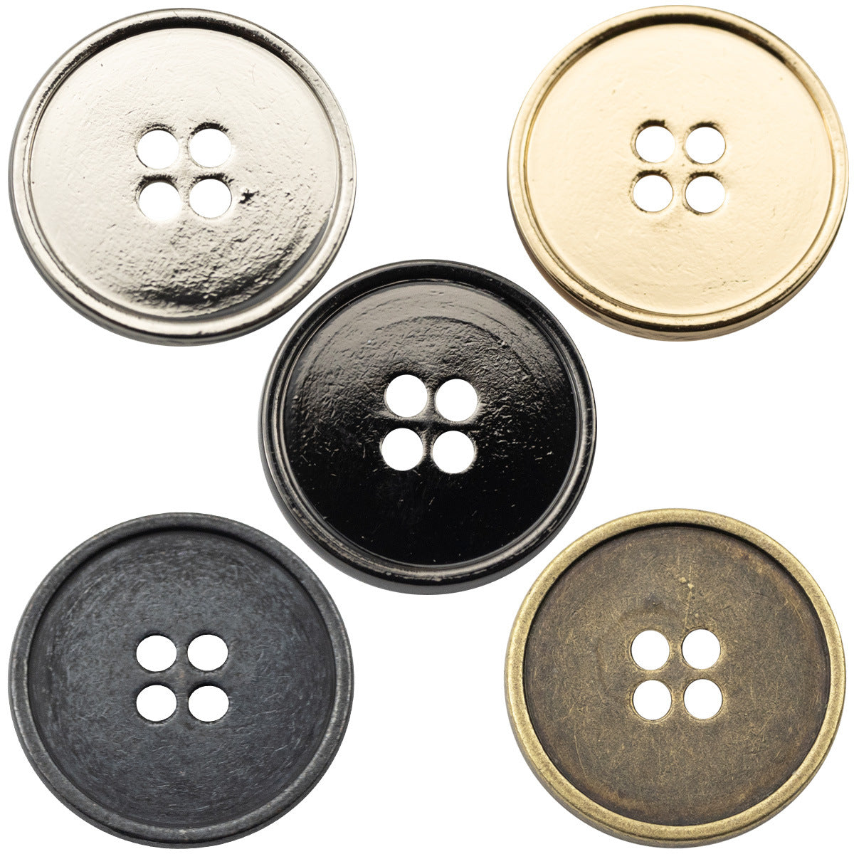 Round 4-hole metal clothing buttons, mixed gold/silver/black/bronze finishes (10 pcs)