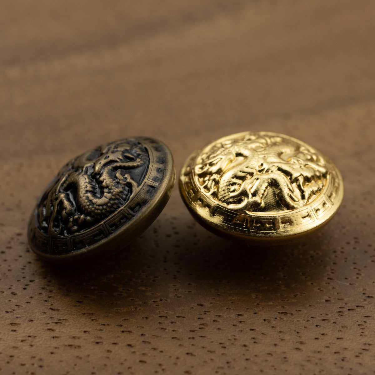 Vintage dragon hollow brass shank button—gold and antique bronze finish, 10-pack