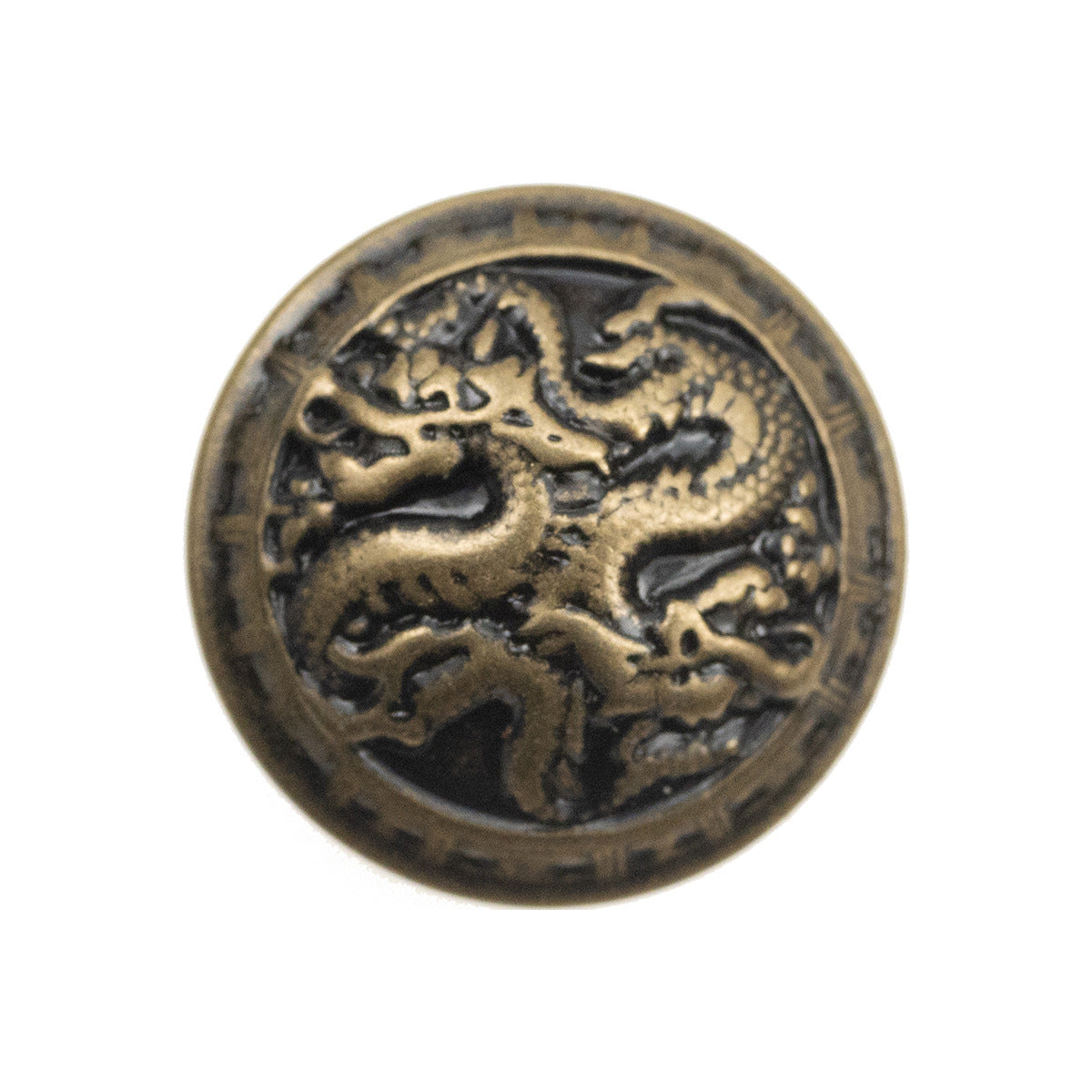 Antique bronze dragon hollow metal shank button, round face with embossed dragon