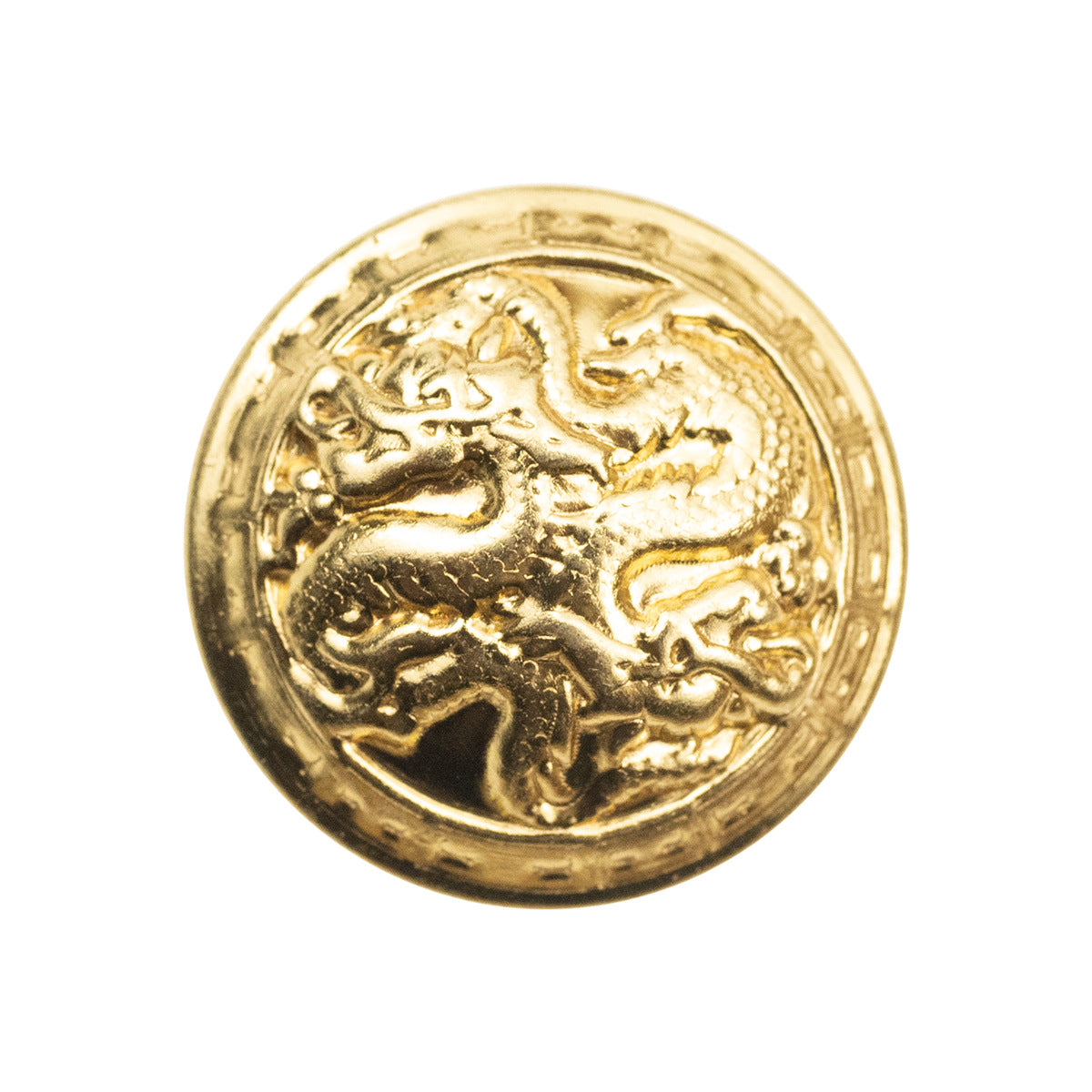 Gold dragon hollow metal shank button, round face with embossed Chinese dragon