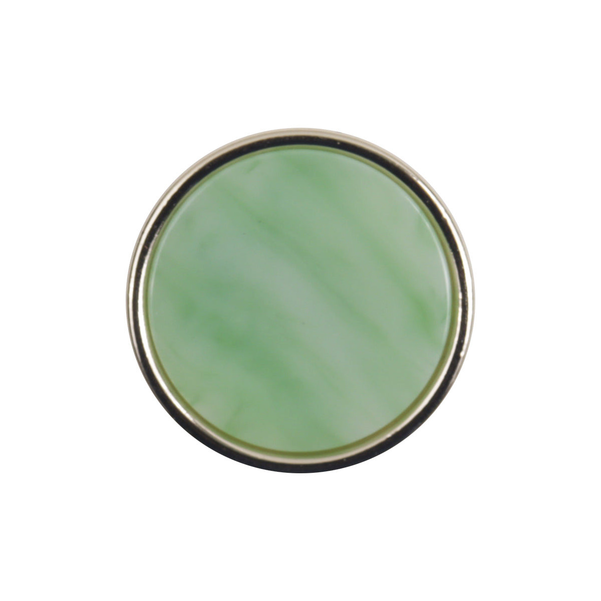 Jade green resin button with gold-tone metal rim, round front close-up