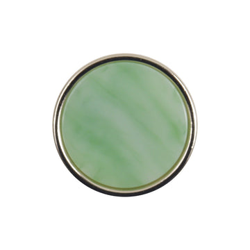 Jade green resin button with gold-tone metal rim, round front close-up