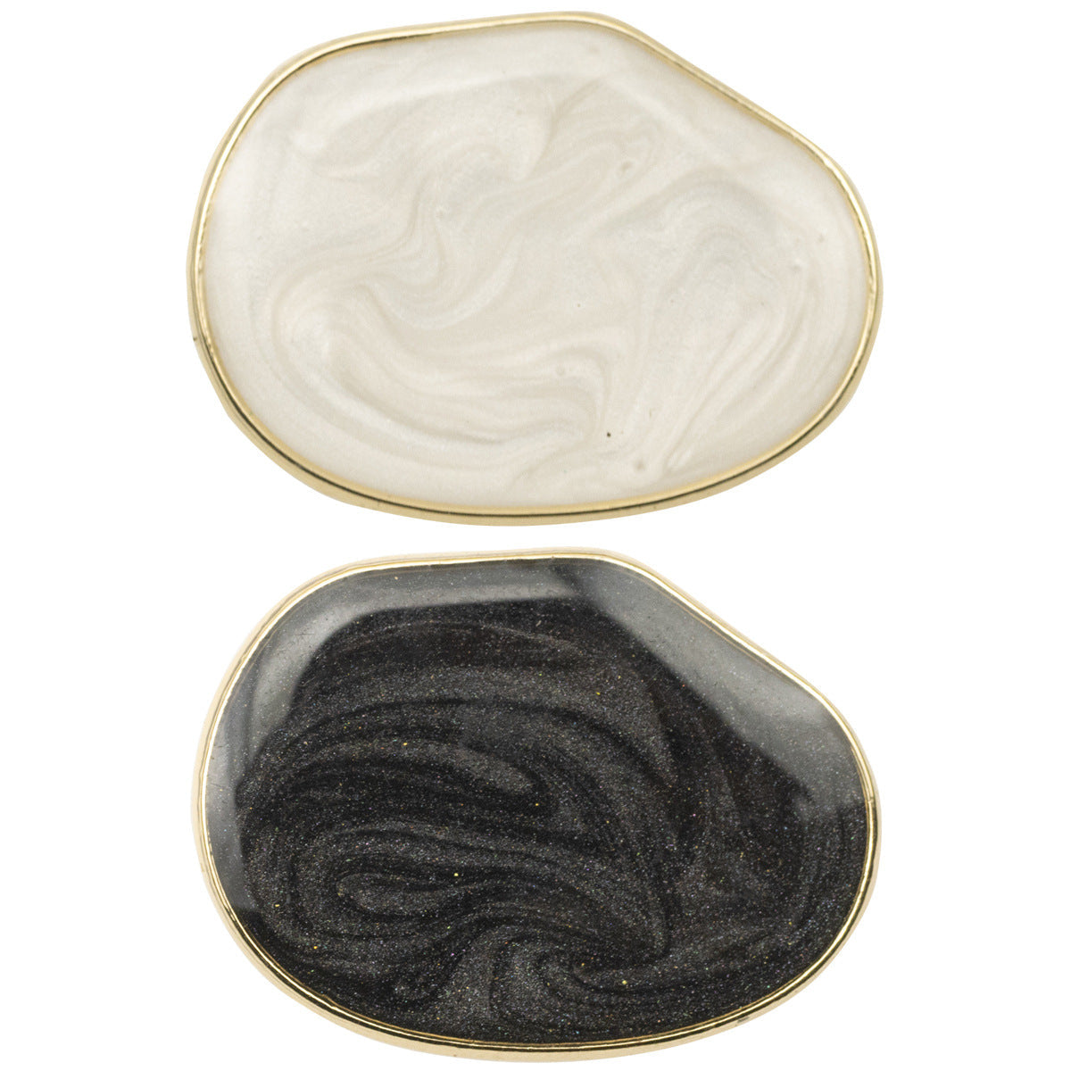 Irregular oval pearl glassy metal buttons: white and black, shiny gold rim.