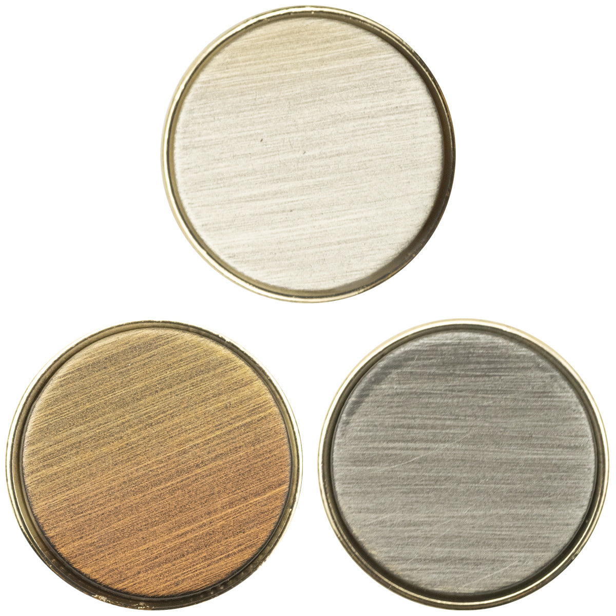 15–25 mm gradient resin & metal buttons, front view in gray and orange/brown