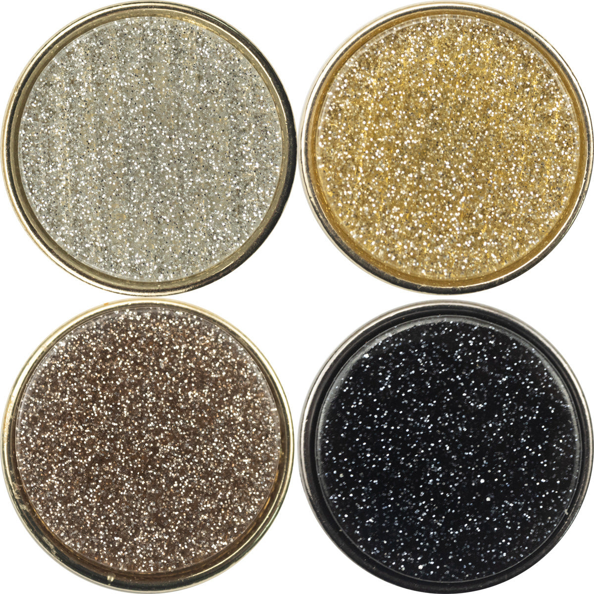 Round resin-faced metal buttons, silver glitter top with pearl-lustre finish, 5pcs