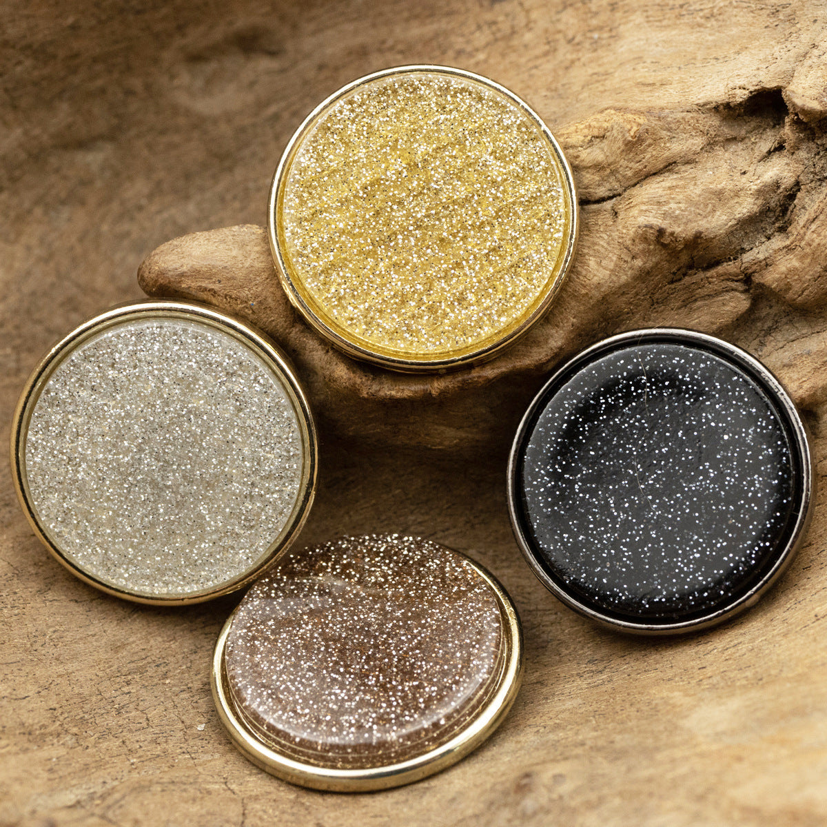 Round pearl-lustre resin faced buttons, glitter faces in gold, silver, coffee, and black