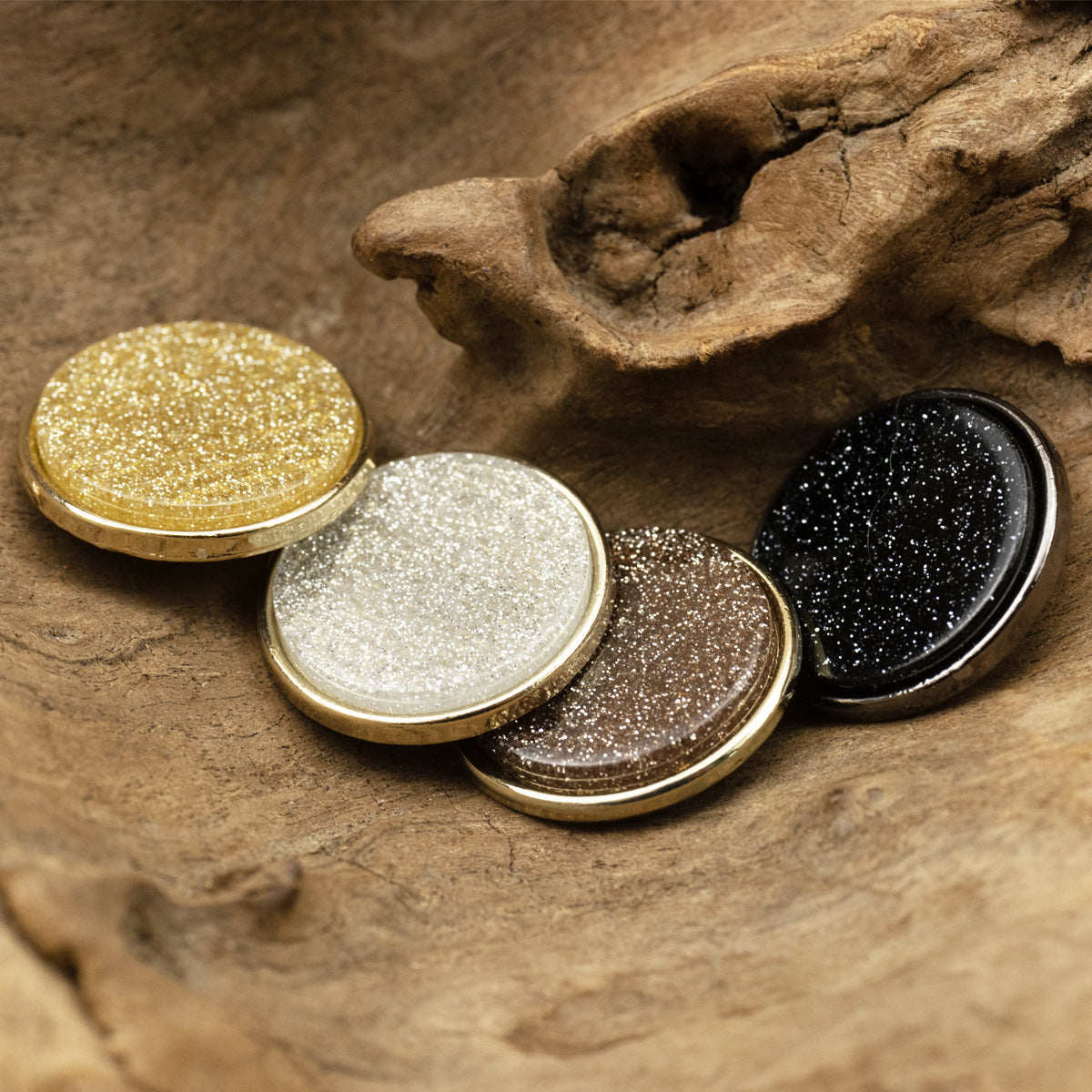 Glitter round resin-faced buttons set: gold, silver, coffee, and black with metal rims