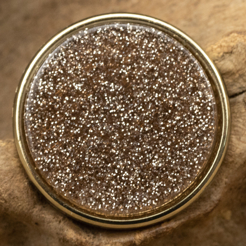 Round resin-faced metal button, coffee glitter pearl-lustre top with gold-toned edge