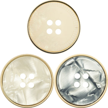 Wasser-Ripple Resin-Metallknopf, weiß/hellgrau, 4 Löcher, goldener Rand, 15–28 mm