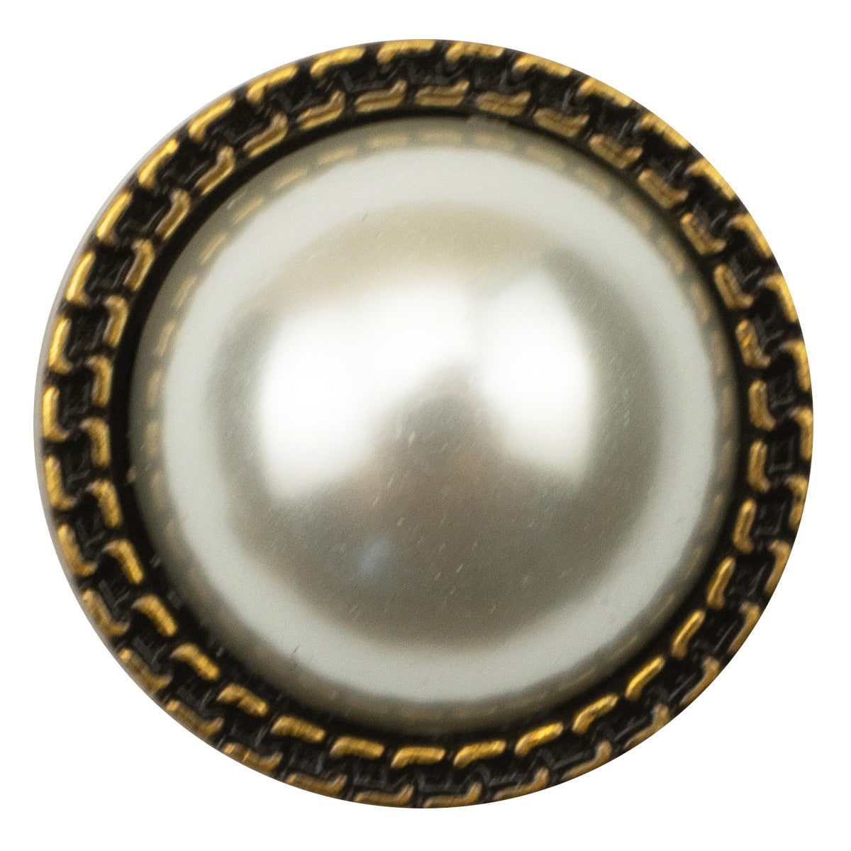 Bronze metal shank button with pearl center and twisted lace rim detail