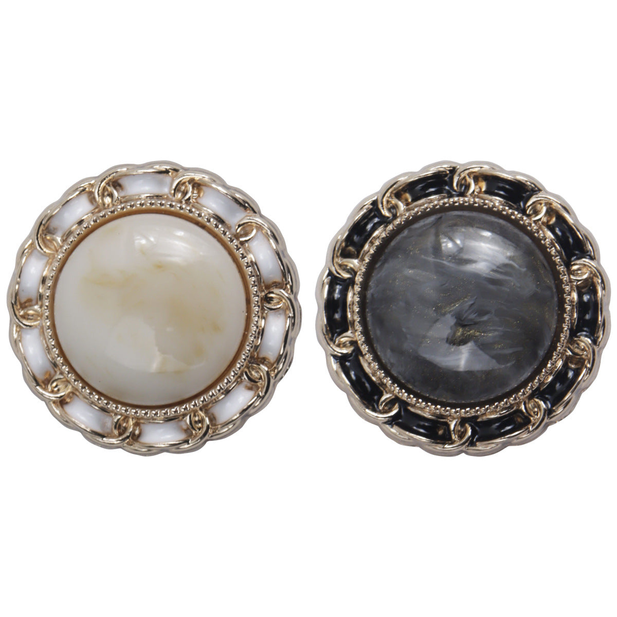 Vintage chain-lace cat's eye buttons: beige pearl and gray stone, metal settings