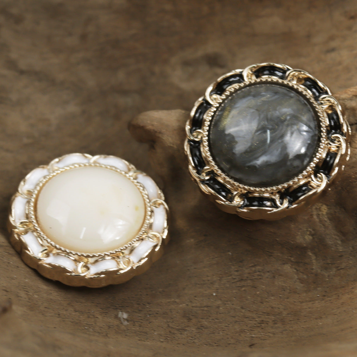 Cat's eye lace buttons, beige cream stone and gray glass-like center, ornate metal rim