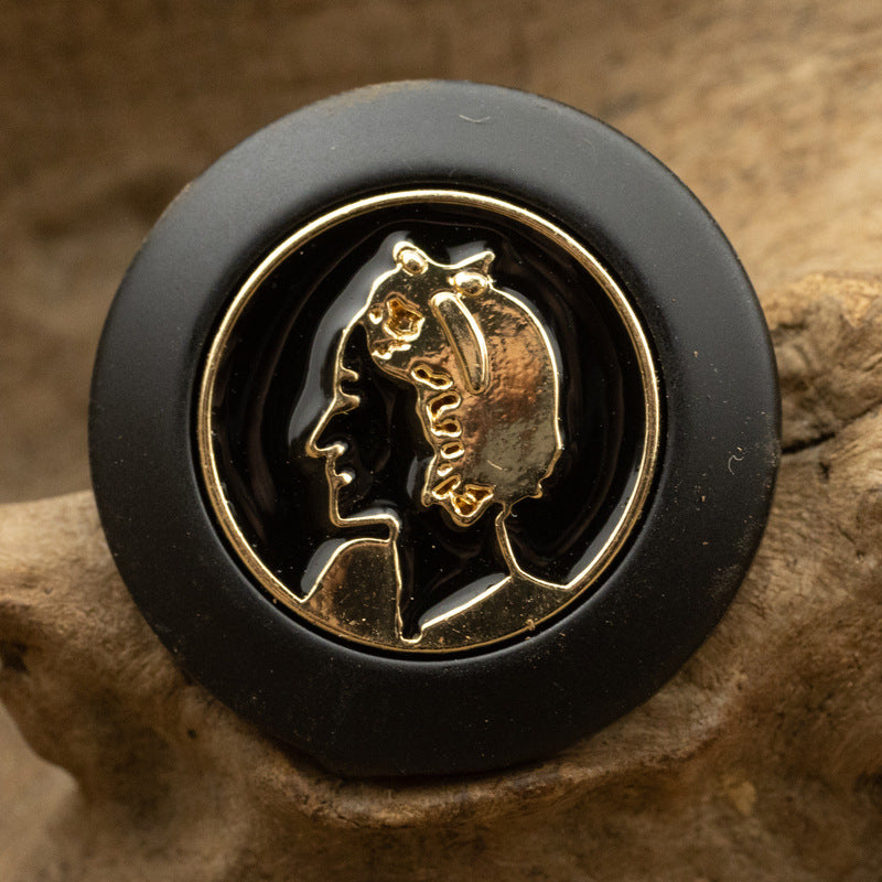 Black retro portrait resin button with gold profile portrait and metal shank