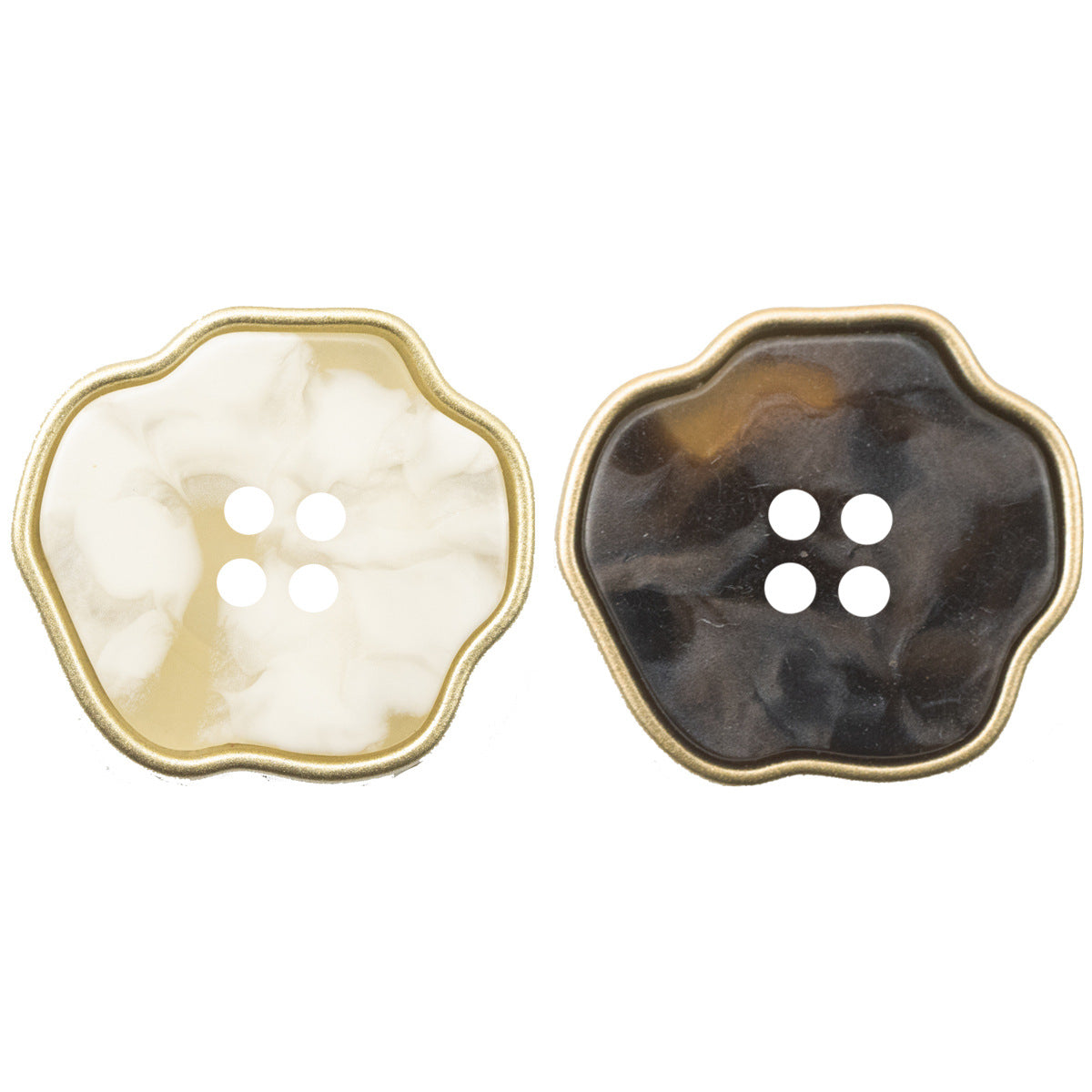 Plum blossom resin buttons: beige & dark brown, 4 holes, gold edge, 10 pcs