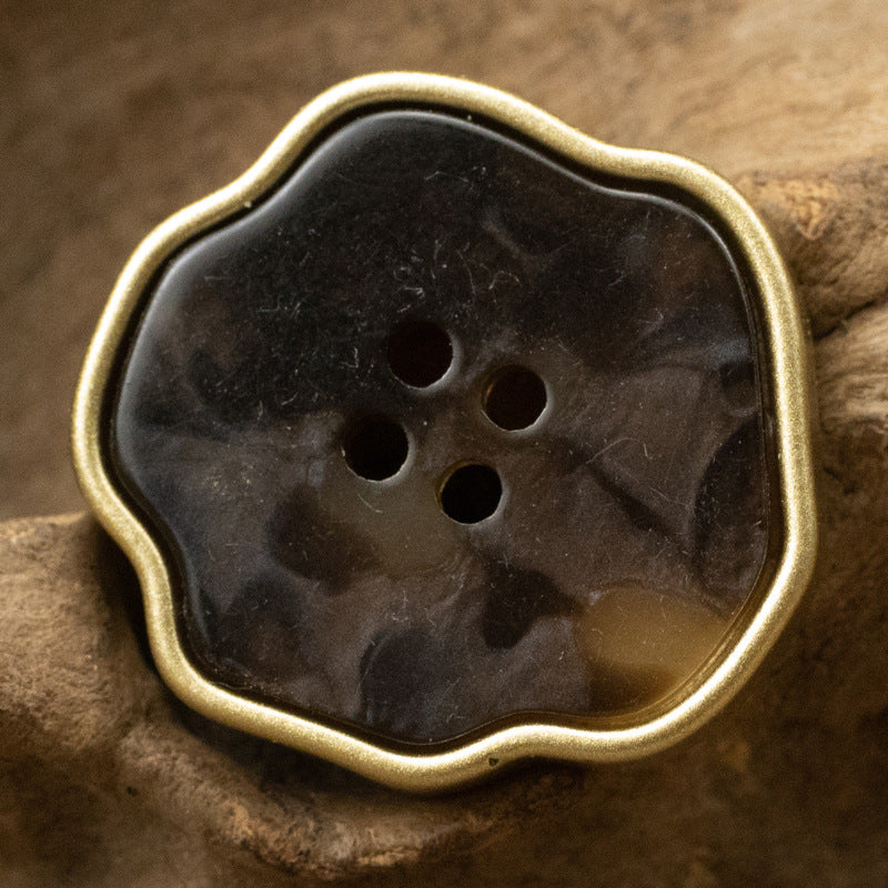 Plum blossom resin button, dark brown, 4 holes, gold edge