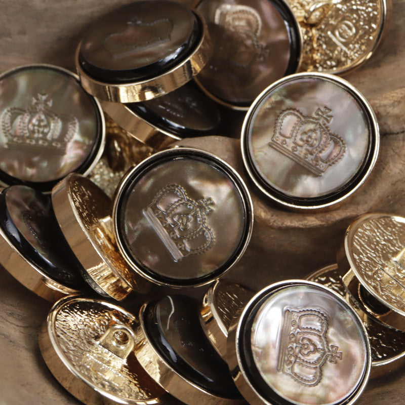 Dark resin crown pattern buttons with gold metal bases, round embossed crown (set)