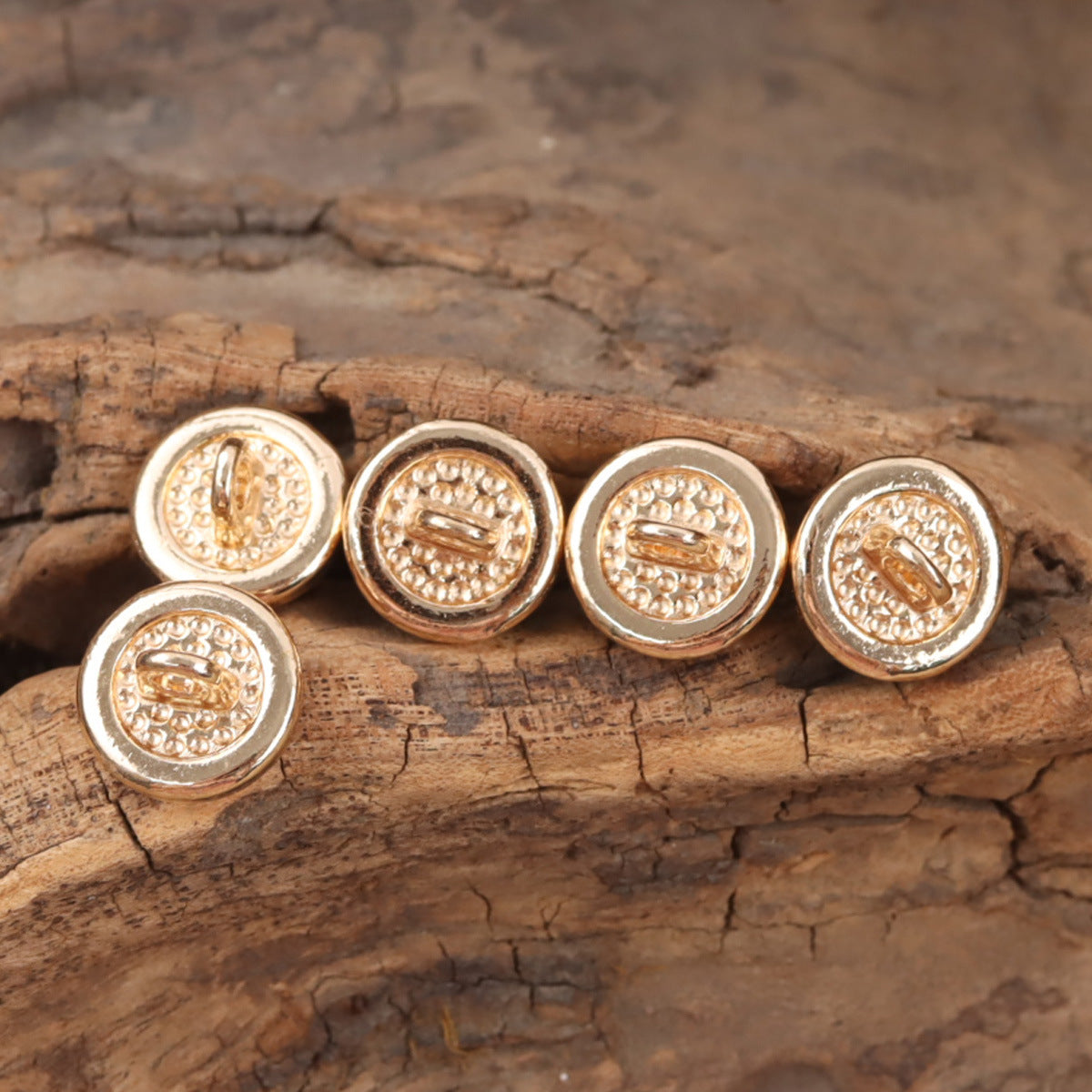 12.5mm white resin buttons with gold-tone loop shanks, round, textured backs