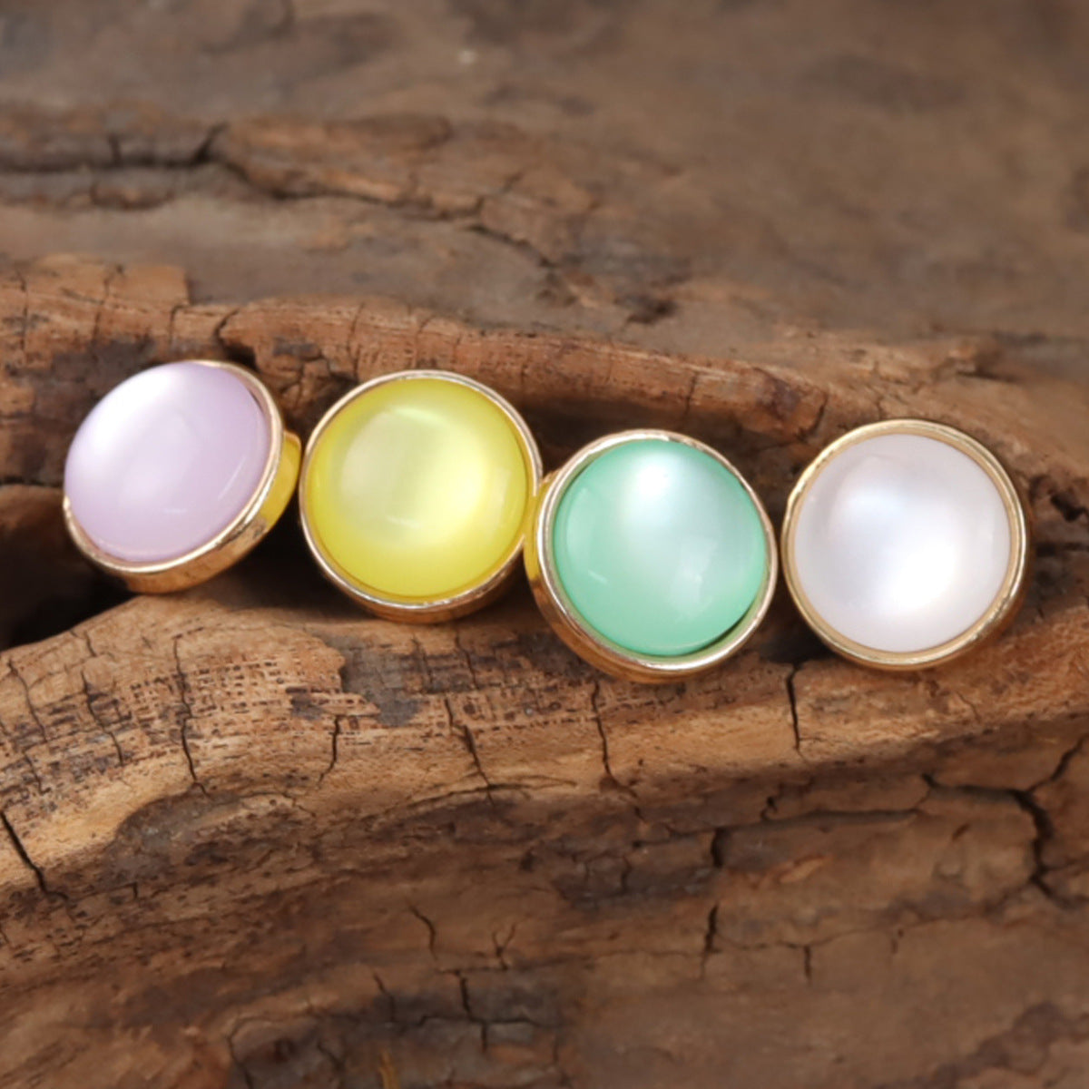 12.5mm resin buttons in lavender, yellow, mint/green and white with gold-tone shanks