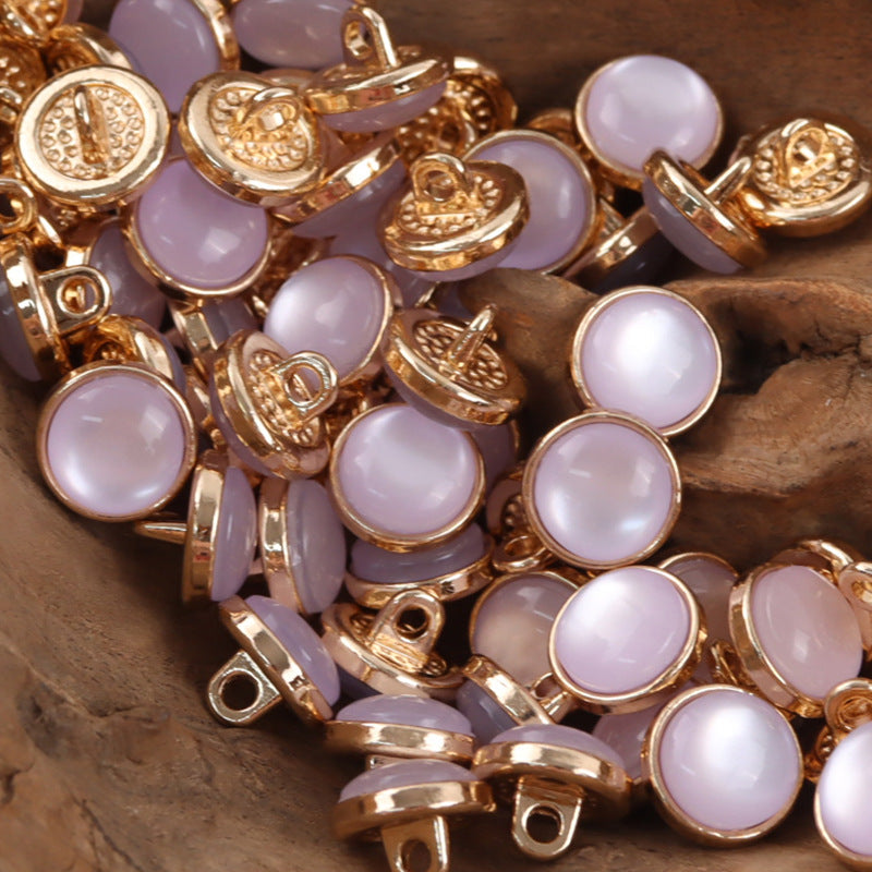 12.5mm light purple resin buttons with gold-tone loop shanks, round, textured backs