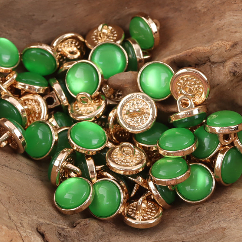 12.5mm emerald green resin buttons with gold-tone loop shanks, round, textured backs