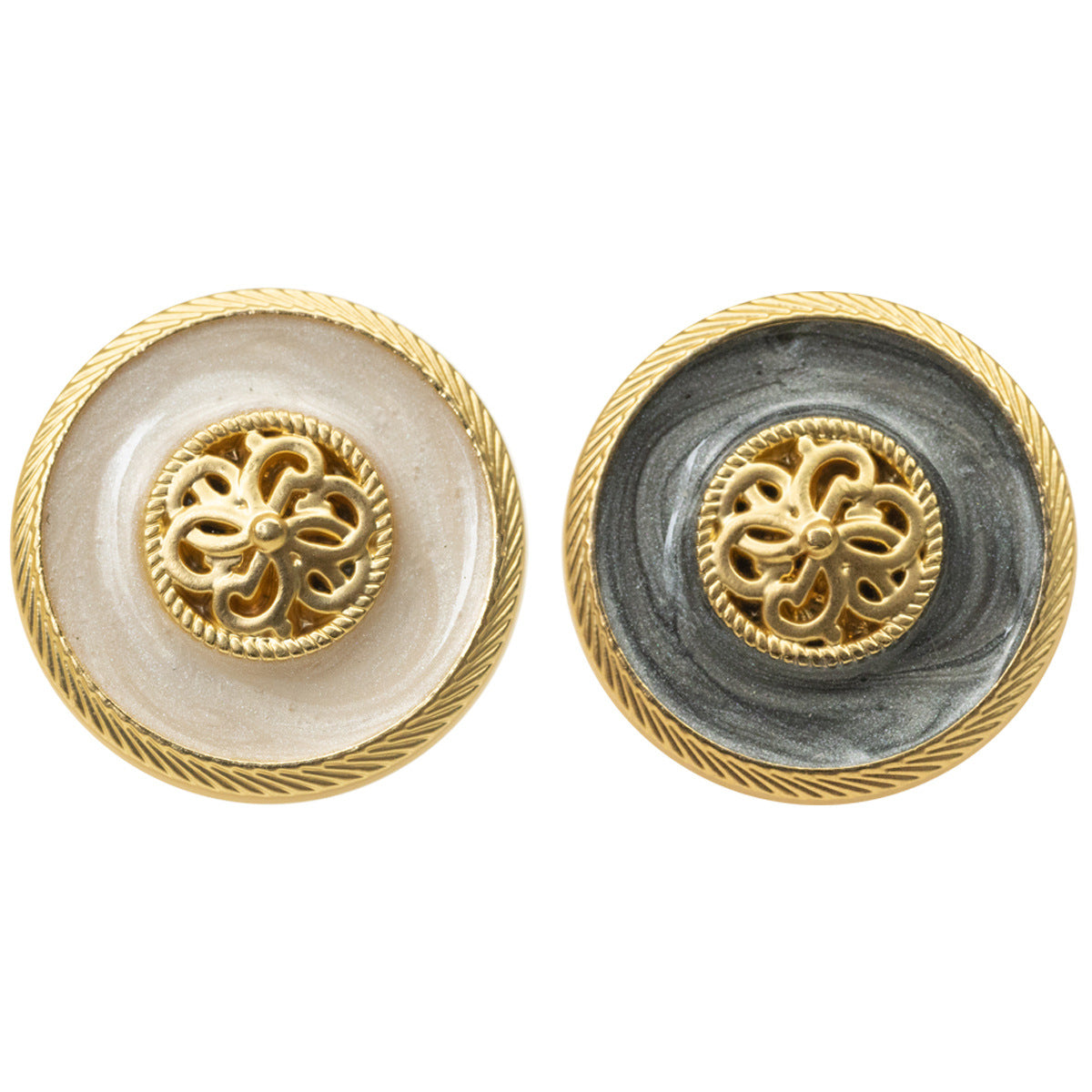 Gold pearl-glaze shank buttons, ornate gold center: white and dark gray/black