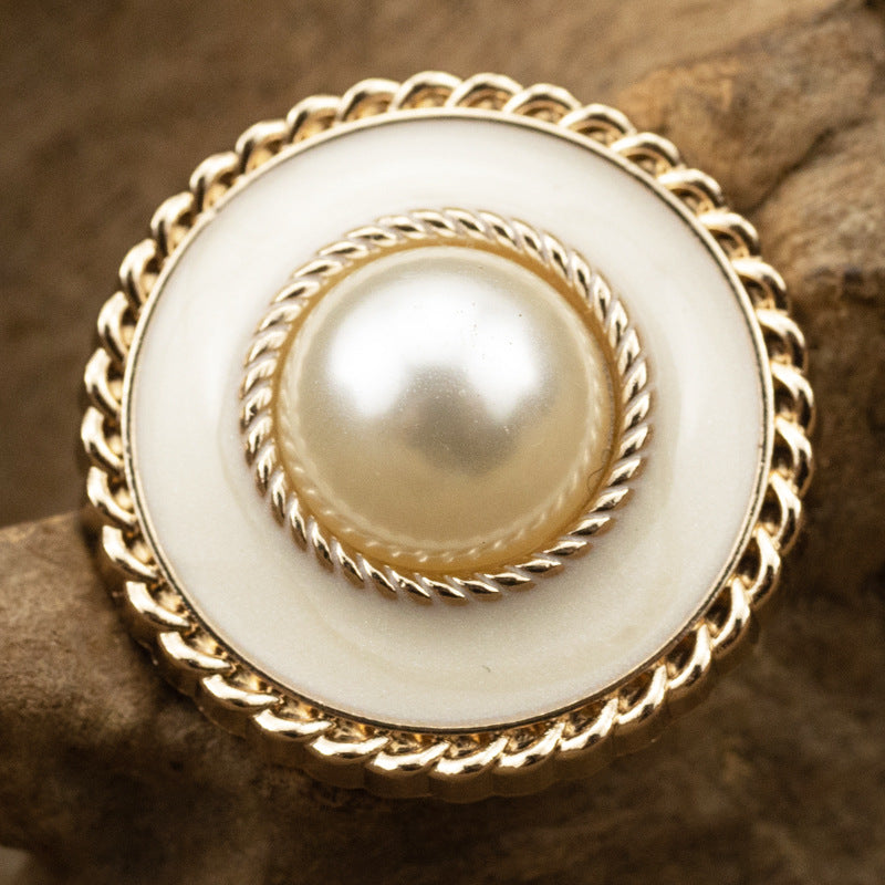 Vintage pearl metal button, large gold-tone frame, white pearl center