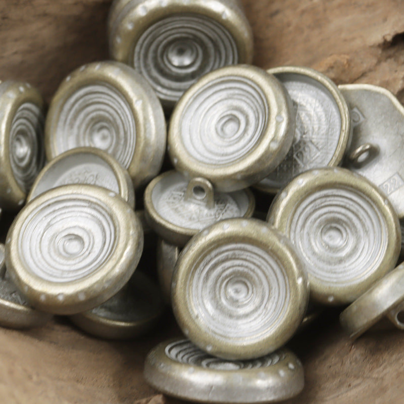 Assorted antique metal shank buttons with bowl-shaped spiral fronts, mixed finishes