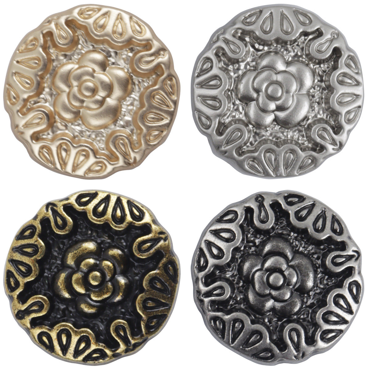 Chinese-style embossed rose metal shank buttons (gold, silver, bronze, nickel black)