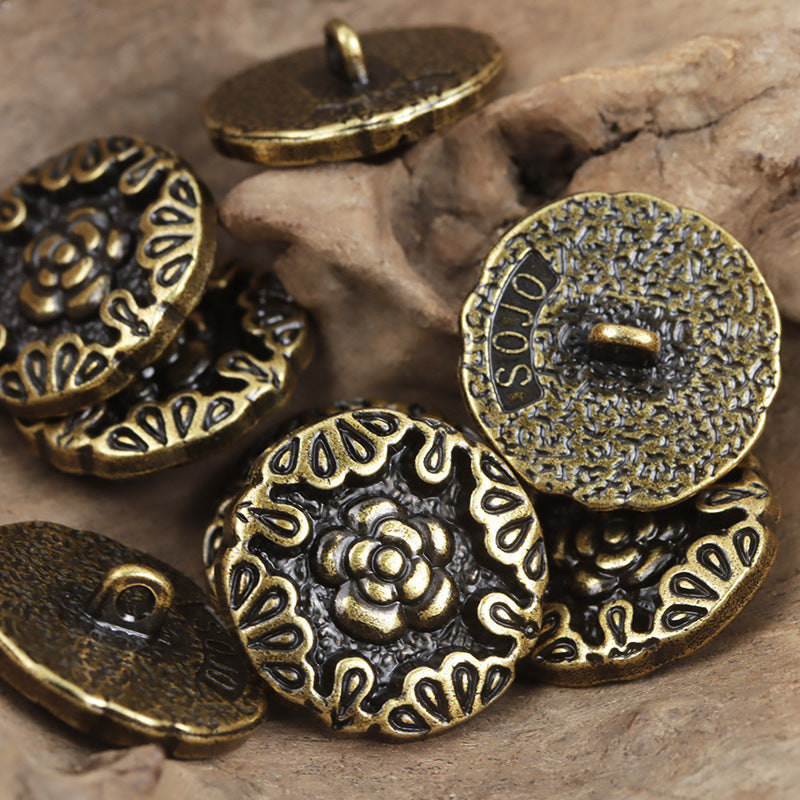 Bronze metal buttons with embossed rose pattern and back loop shank, 10pcs