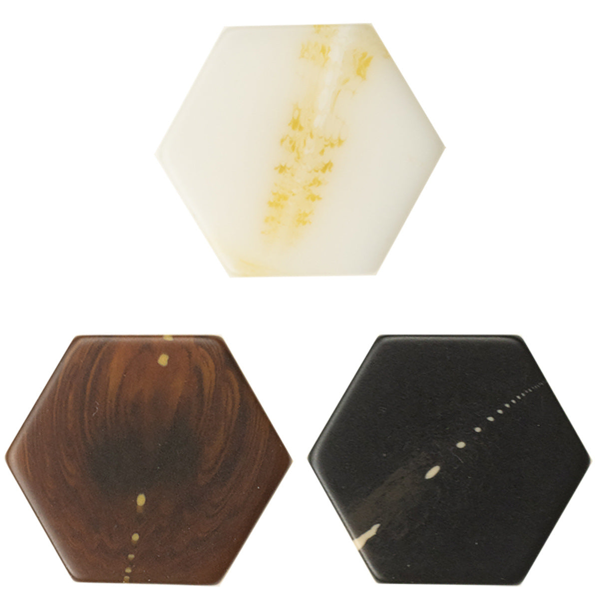Hexagon resin shank buttons set: white, brown, and black marble texture (10pcs).